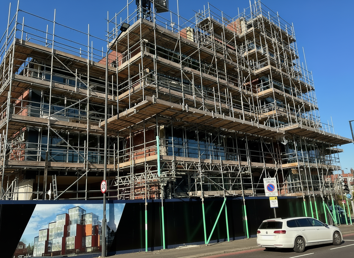 Industrial construction site with scaffolding